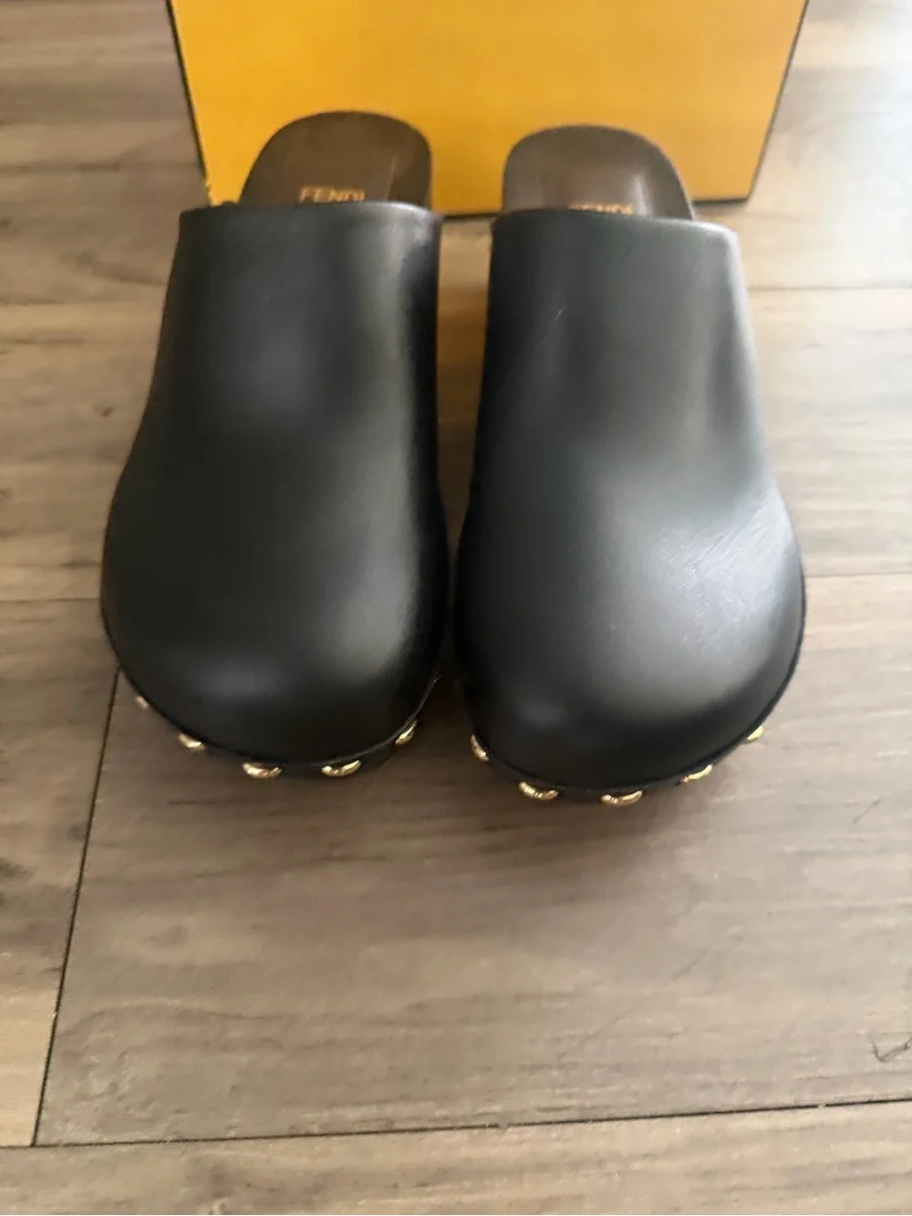 Fendi Black Leather Studded Clog Mule with Gold Heel Accent